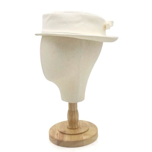 Vintage 1950s Cream Straw Sailor Hat Antique Ivory Boater Skimmer W Bow Detail - Picture 4 of 11